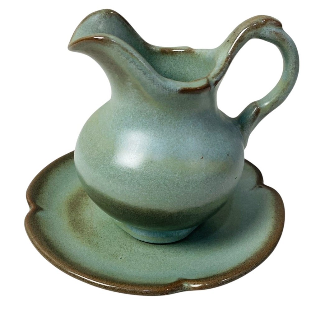 Frankoma Pottery Praire Green Small Pitcher And Saucer Set 16oz